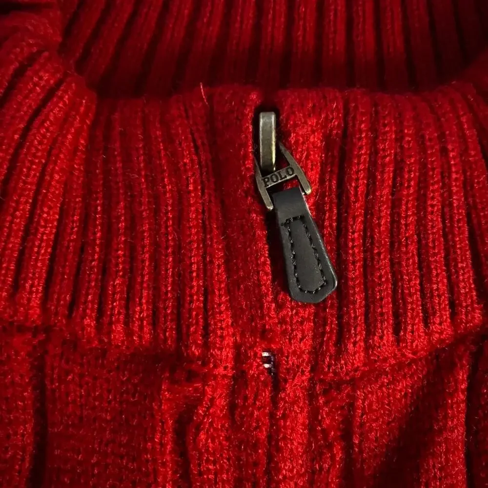 Polo Ralph Lauren red cable knit cotton quarter zip sweater